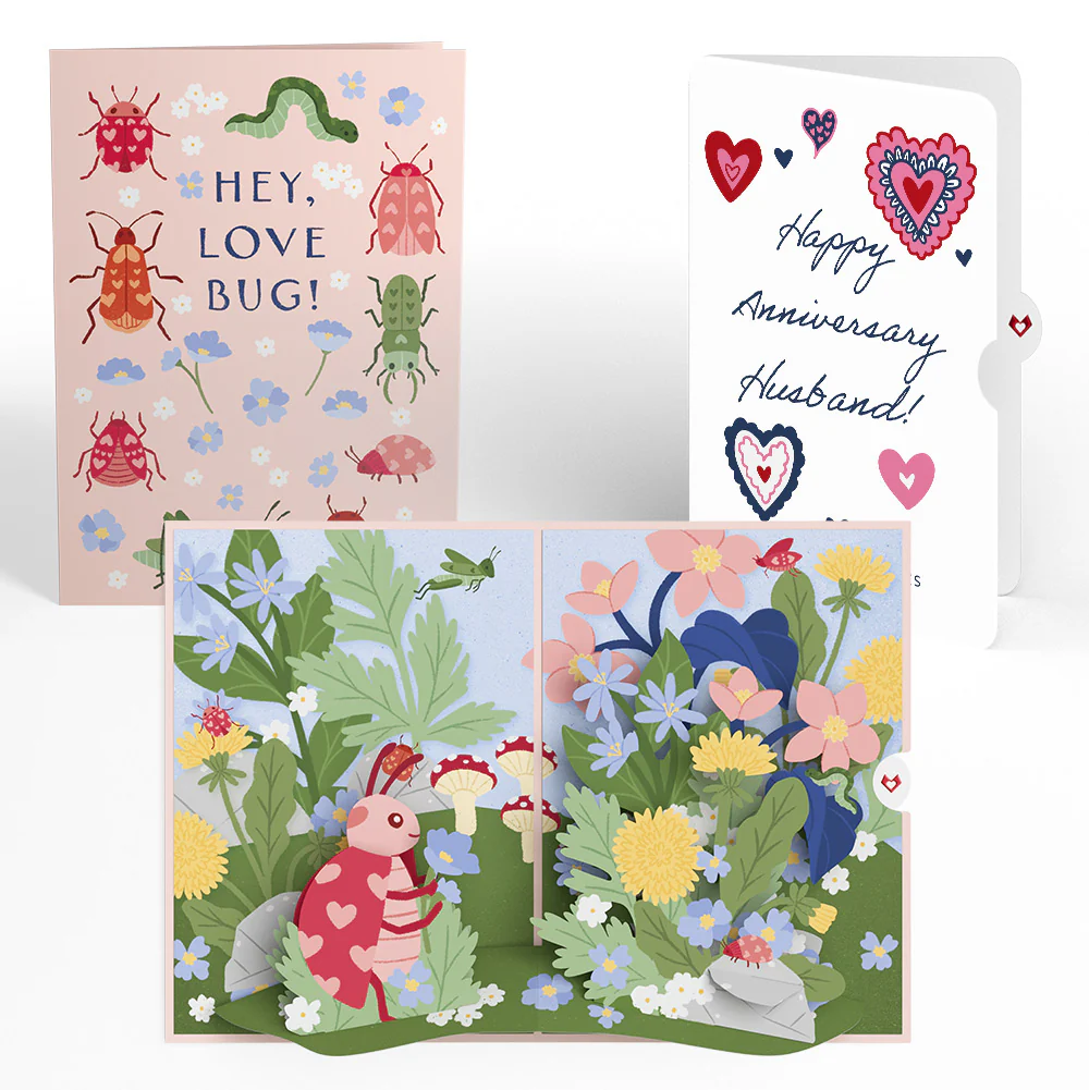 Hey, Love Bug! Pop-Up Card and Heart Motif Anniversary Sentiment Set for Husband