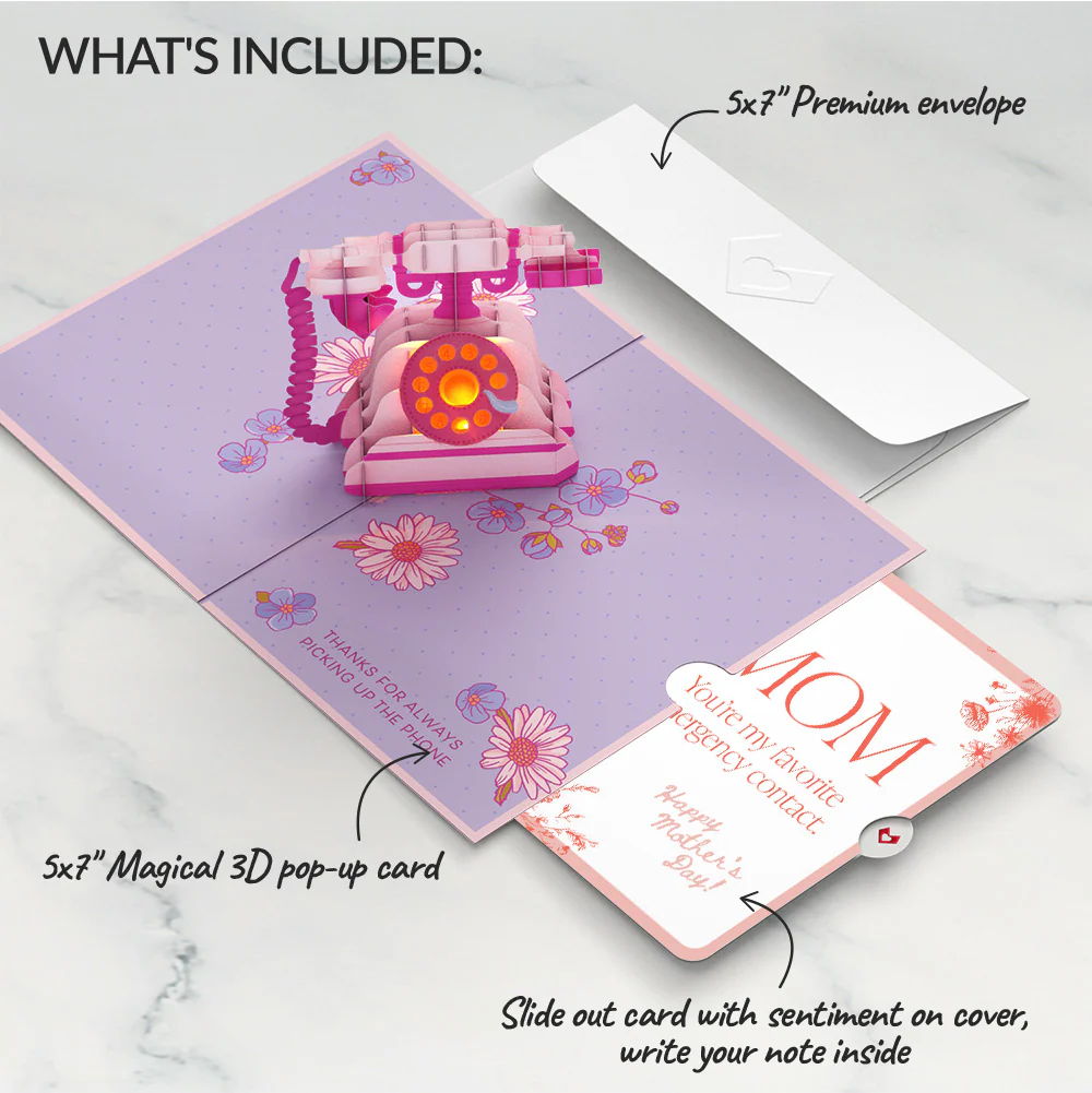 'Hey Mom' Vintage Phone Mother’s Day Music and Lights Pop-Up Card and Delicate Line Floral Sentiment Set for Mom - Image 2