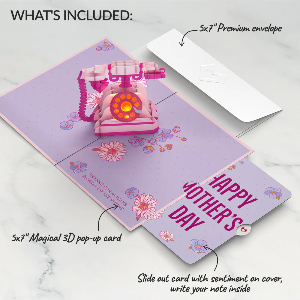 'Hey Mom' Vintage Phone Mother’s Day Music and Lights Pop-Up Card and Sentiment Set for Mom - Image 2