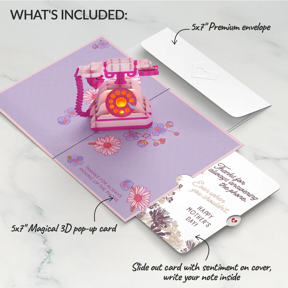 'Hey Mom' Vintage Phone Mother’s Day Music and Lights Pop-Up Card and Soft Neutral Bloom Sentiment Set for Mom - Image 2