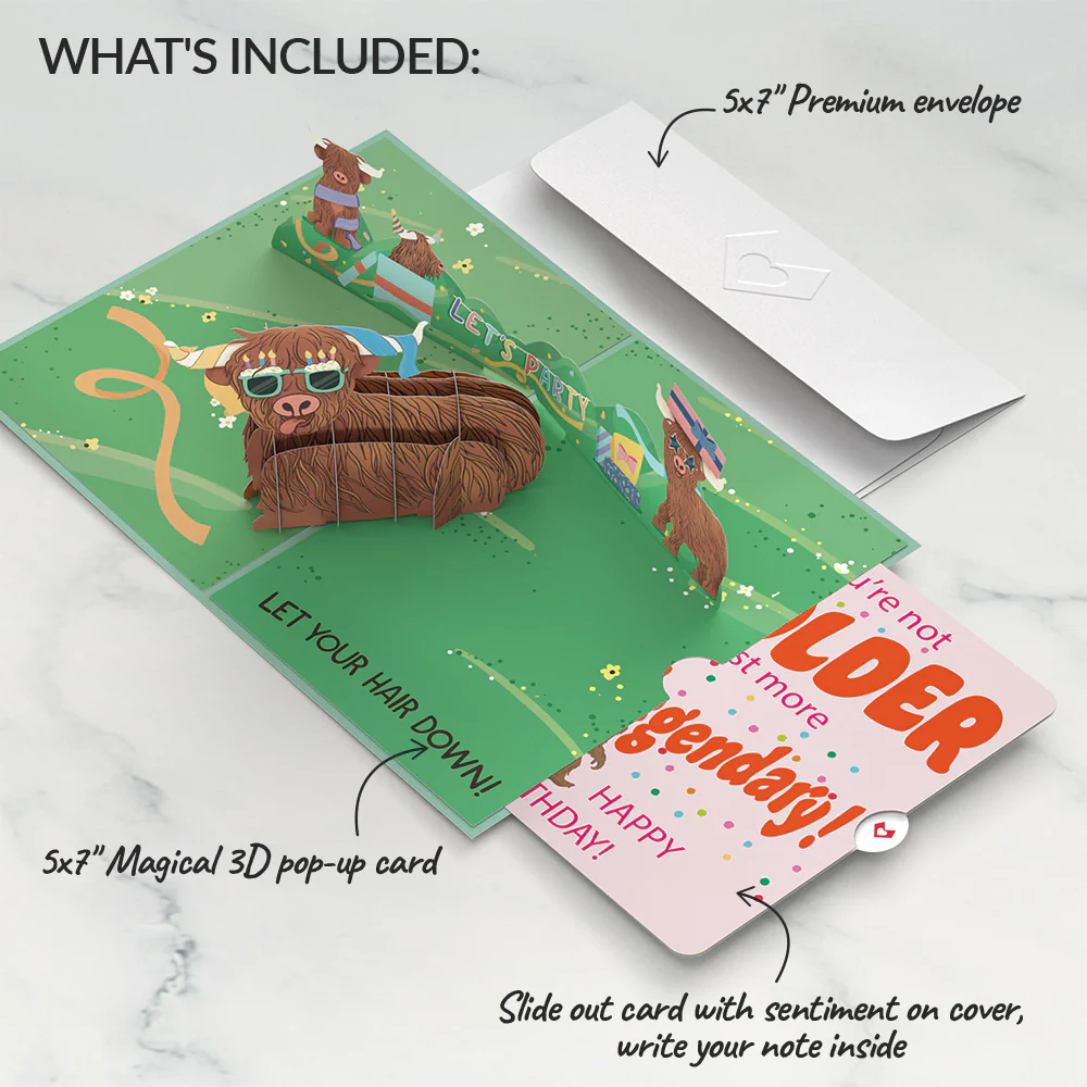 Highland Cow Birthday Pop-Up Card and Not Older Just More Legendary Sentiment Set - Image 2