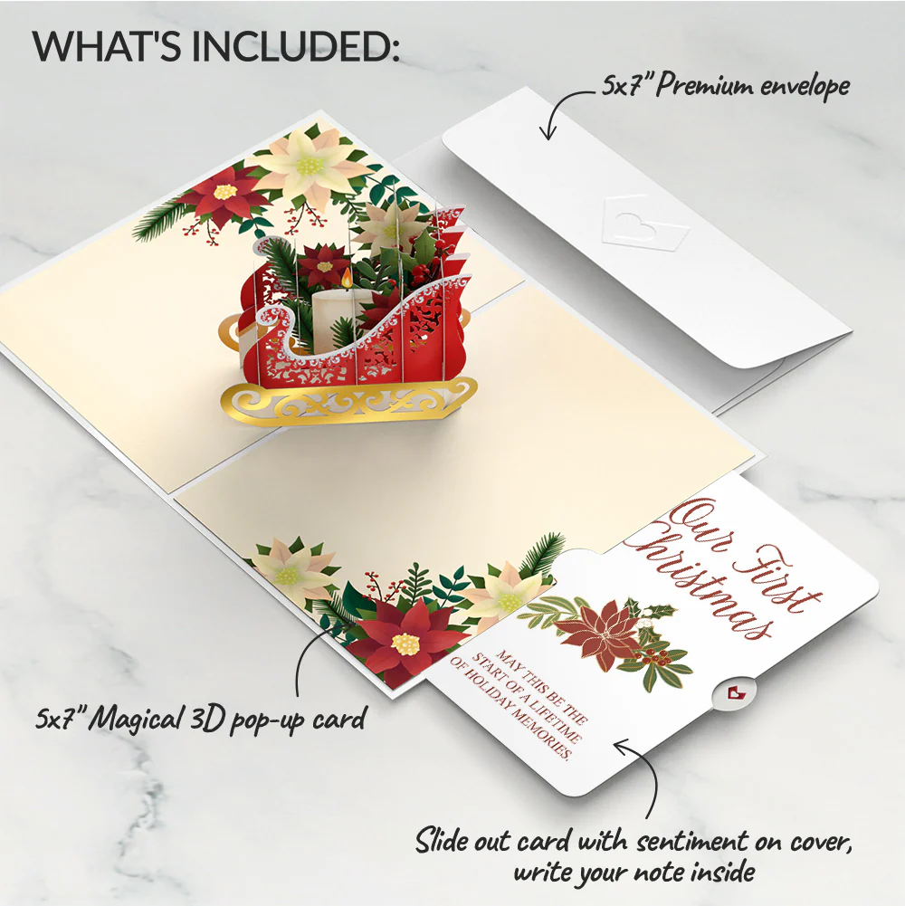 Holiday Poinsettia Sleigh Pop-Up Card and First Christmas Sentiment Set for Partner - Image 2