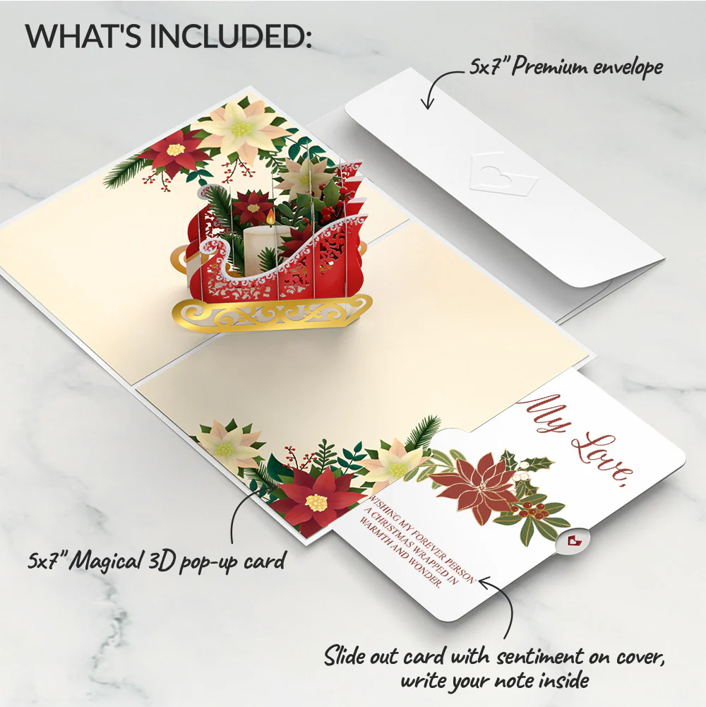 Holiday Poinsettia Sleigh Pop-Up Card and Love Sentiment Set for Partner - Image 2