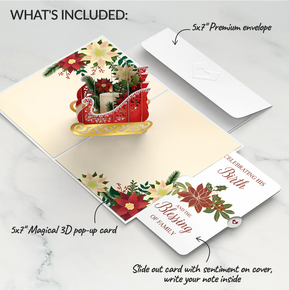 Holiday Poinsettia Sleigh Pop-Up Card and Blessing Christmas Sentiment Set - Image 2