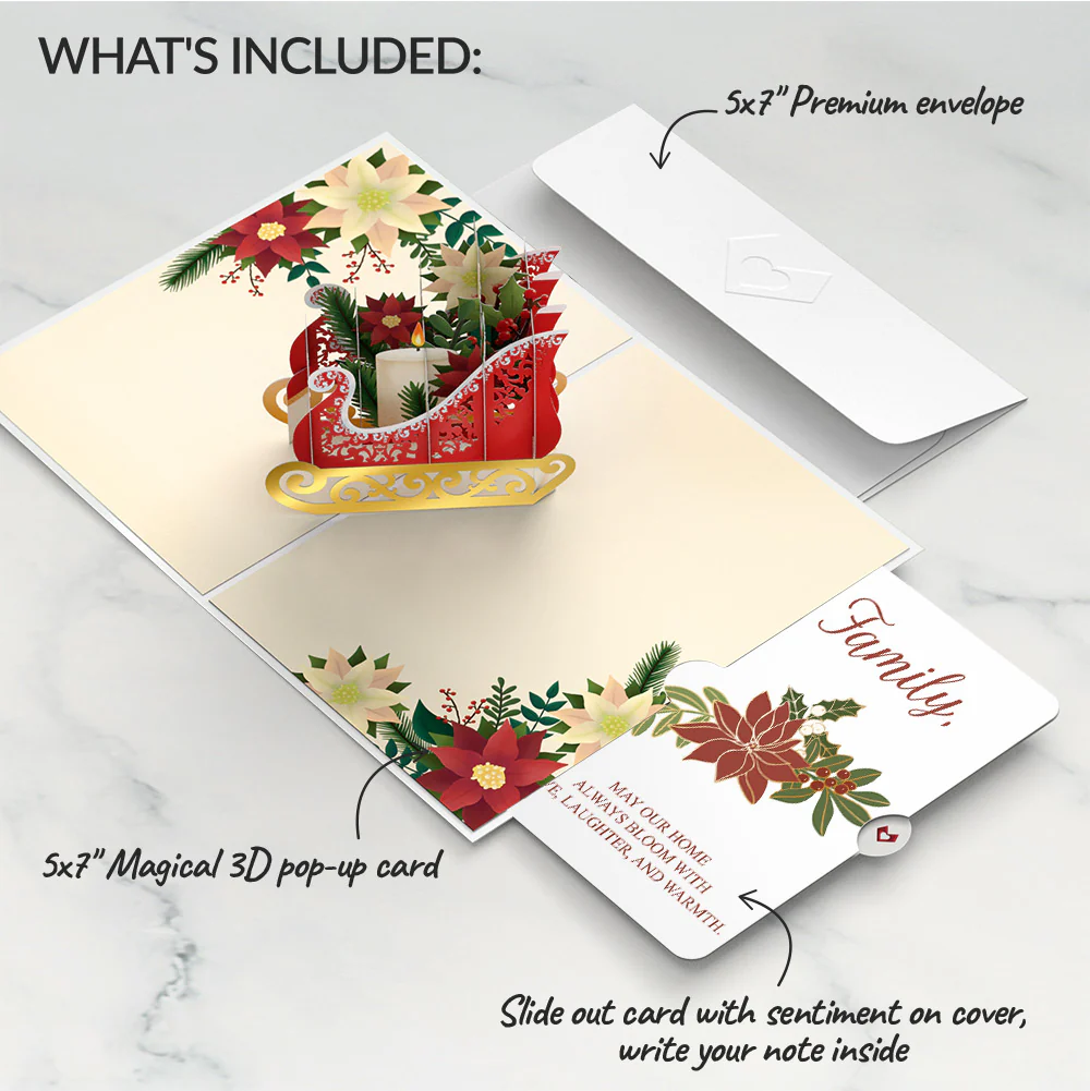 Holiday Poinsettia Sleigh Pop-Up Card and Blooming Love Sentiment Set for Family - Image 2