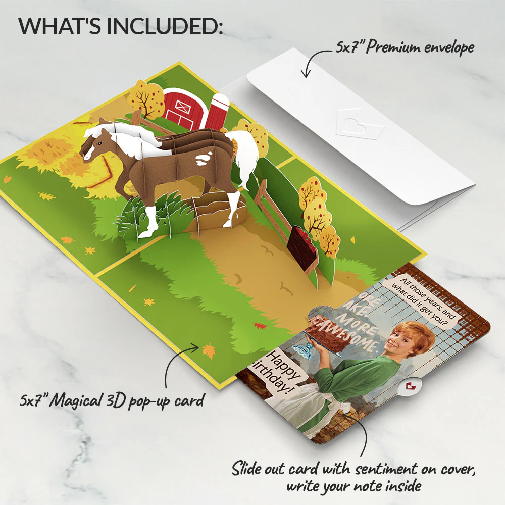 Horse Birthday Pop-Up Card and More Cake More Awesome Sentiment Set - Image 2