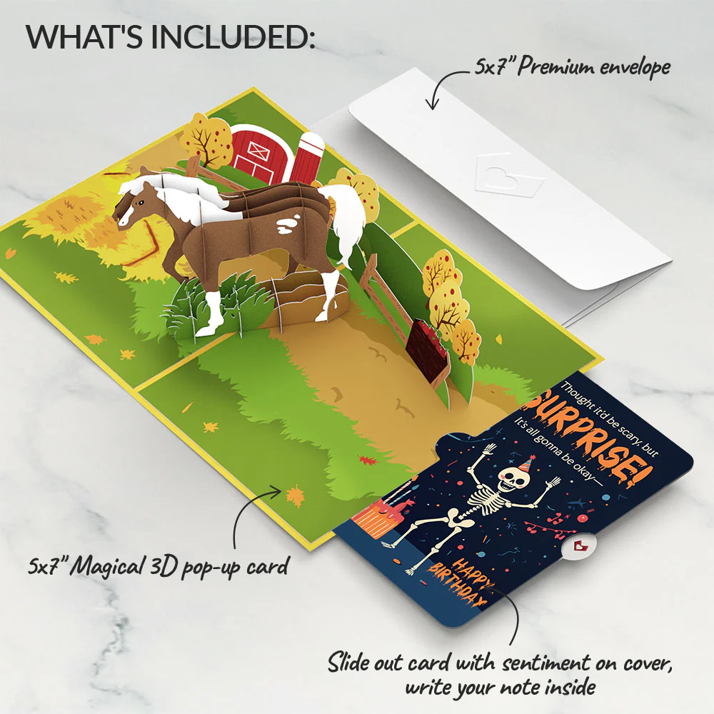 Horse Birthday Pop-Up Card and Surprise Skeleton Sentiment Set - Image 2