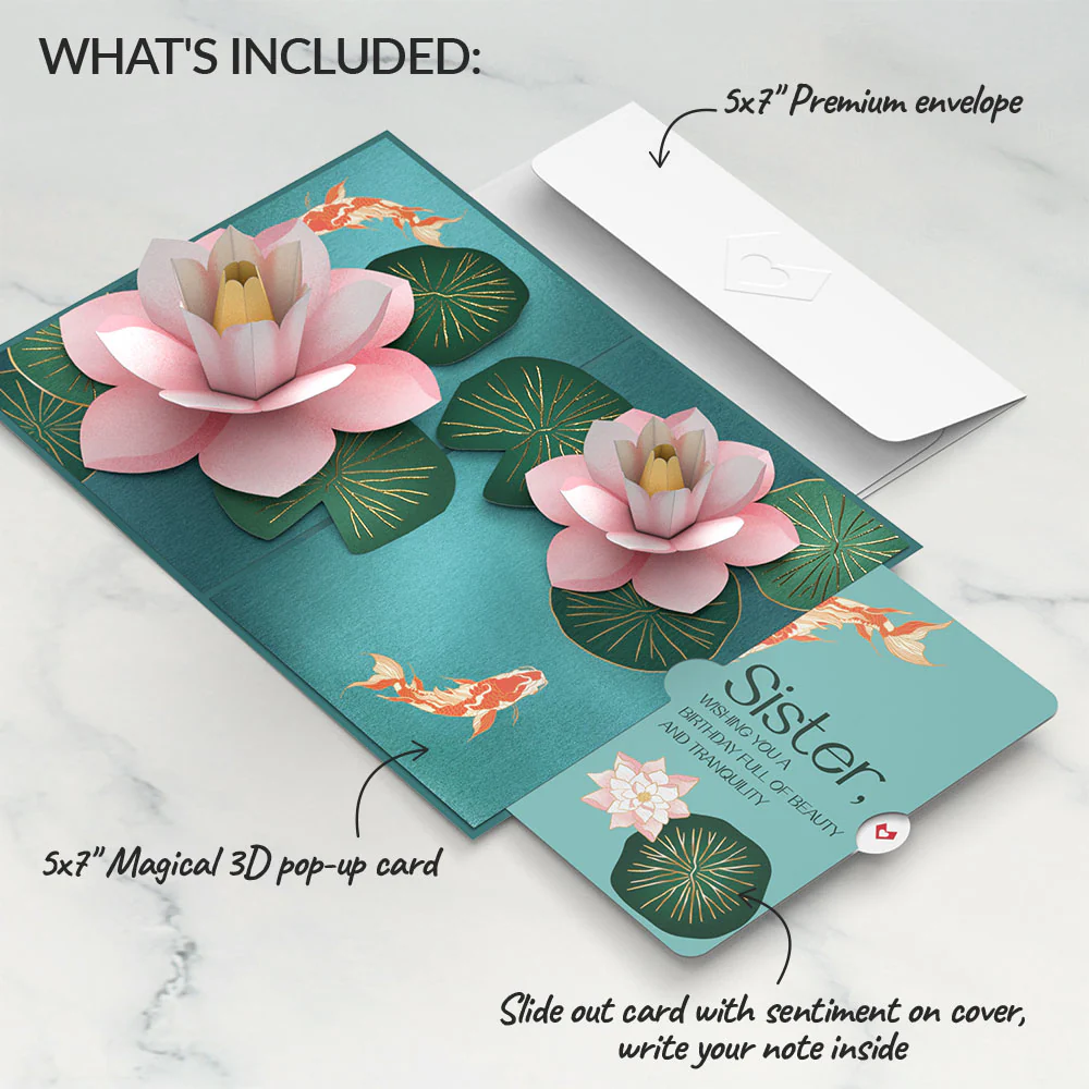 Koi Fish and Lotus Birthday Pop-Up Card and Sentiment Set for Sister - Image 2