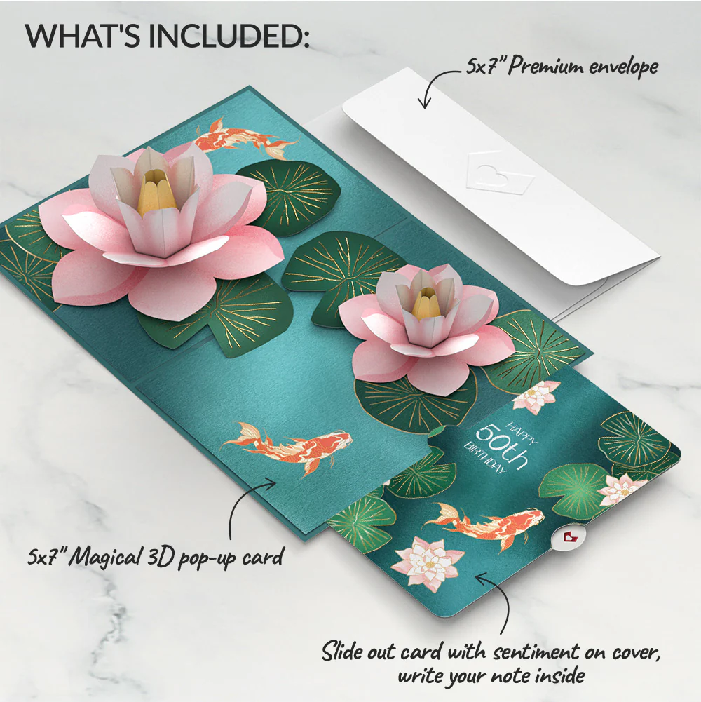 Koi Fish and Lotus Pond 50th Birthday Pop-Up Card and Sentiment Set - Image 2