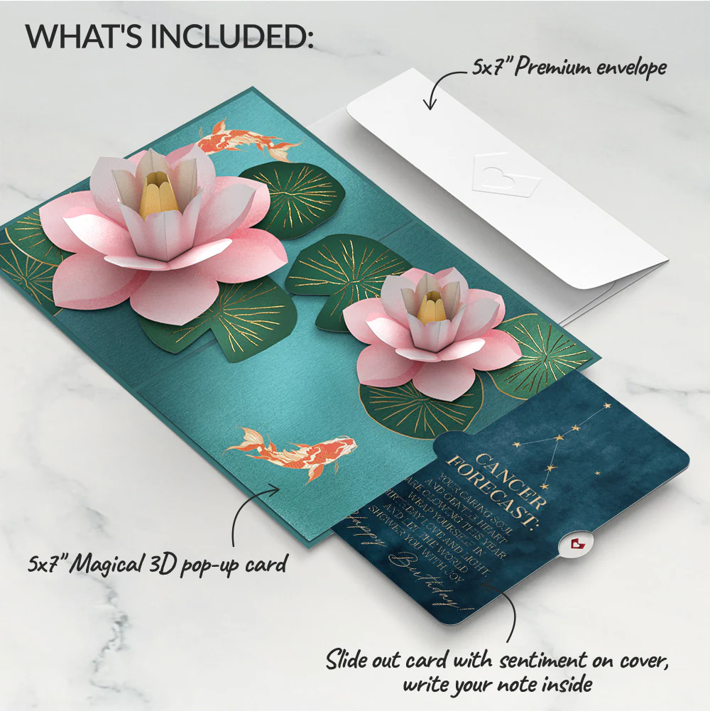 Koi Fish and Lotus Pond Birthday Pop-Up Card and Cancer Zodiac Sentiment Set - Image 2