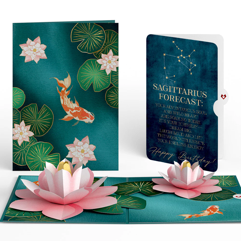 Koi Fish and Lotus Pond Birthday Pop-Up Card and Sagittarius Zodiac Sentiment Set