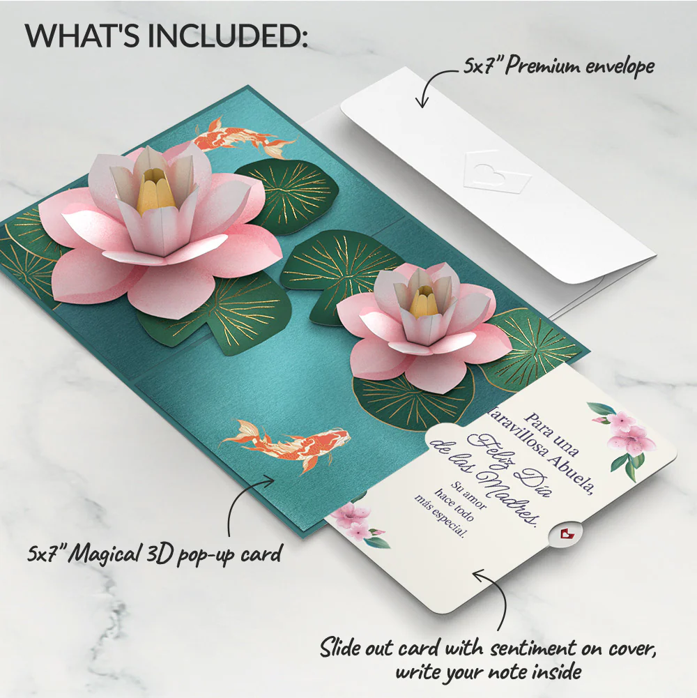 Koi Fish and Lotus Pond Mother's Day Pop-Up Card and Sentiment Set for Spanish Grandmother - Image 2