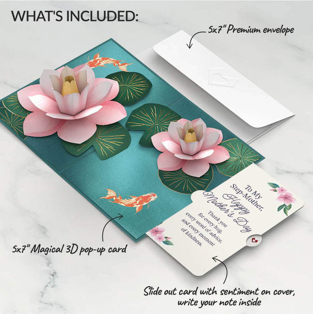 Koi Fish and Lotus Pond Mother's Day Pop-Up Card and Sentiment Set for Step-Mother - Image 2