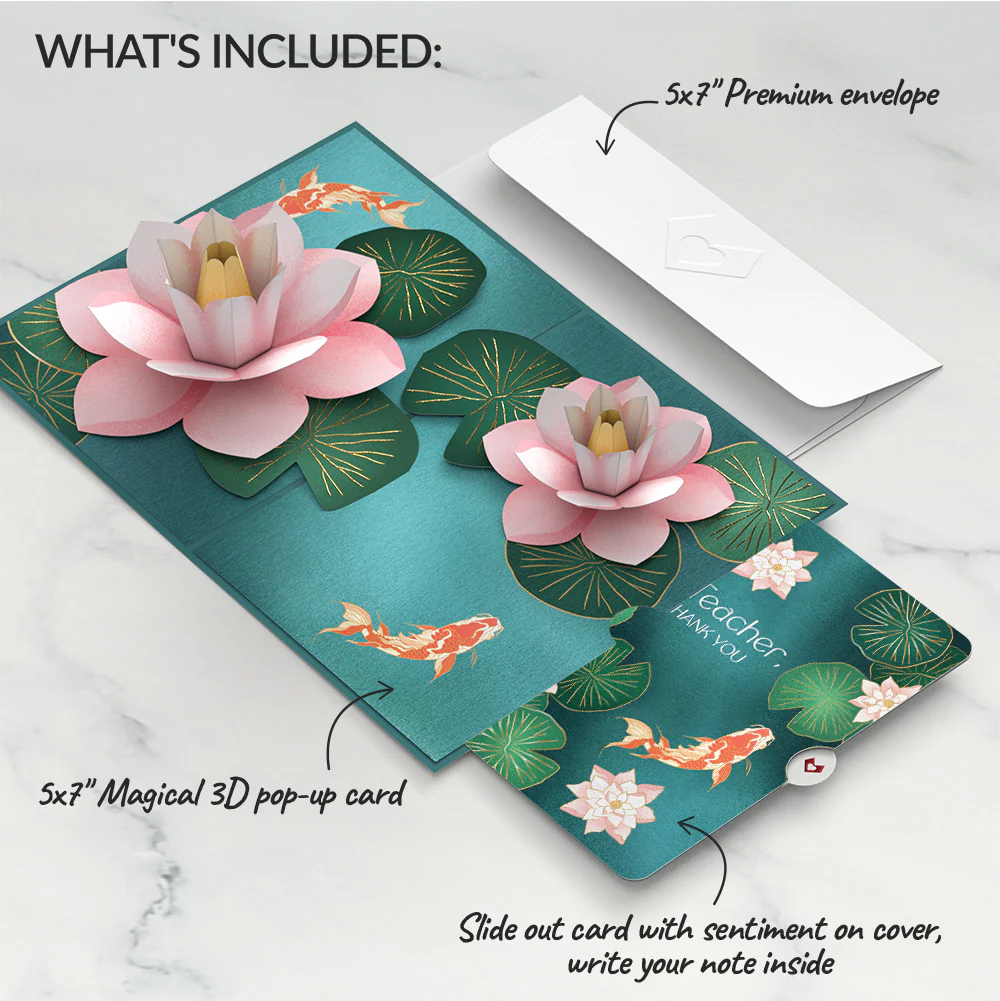 Koi Fish and Lotus Pond Thank You Pop-Up Card and Sentiment Set for Teacher - Image 2