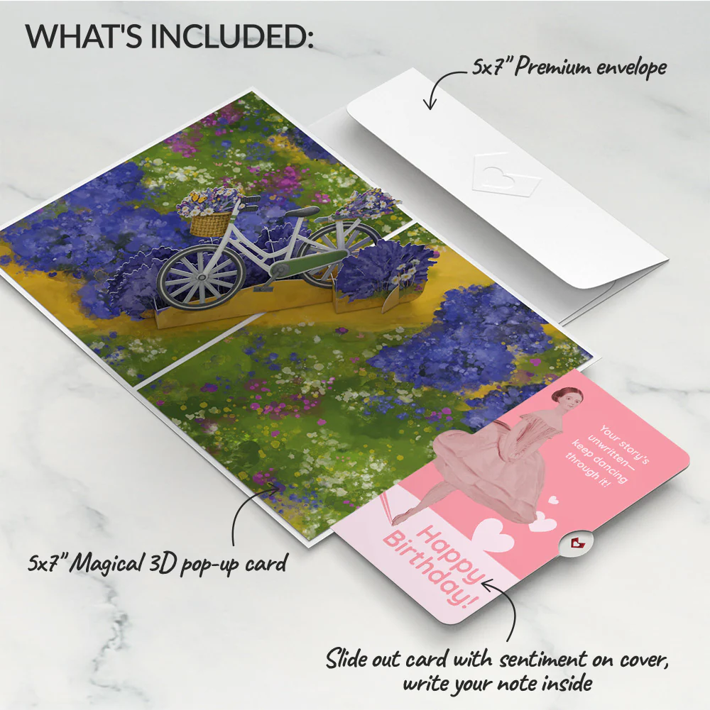 Lavender Bicycle Birthday Pop-Up Card and Dancing Through Life Sentiment Set - Image 2