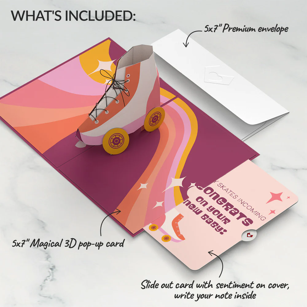 Let the Good Times Roll Roller Skate New Baby Pop-Up Card and Sentiment Set - Image 2