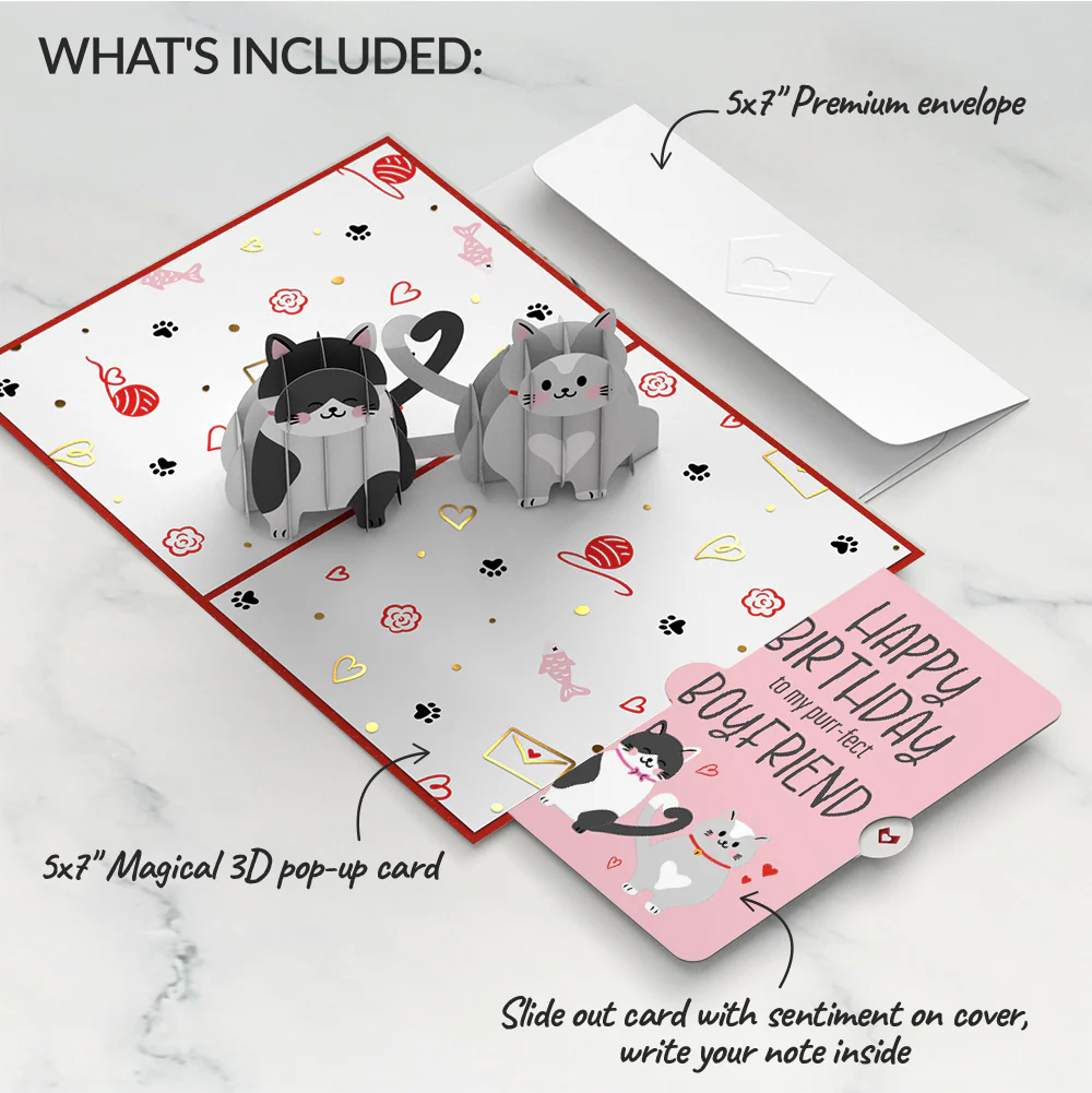 Love Cats Birthday Pop-Up Card and Sentiment Set for Boyfriend - Image 2