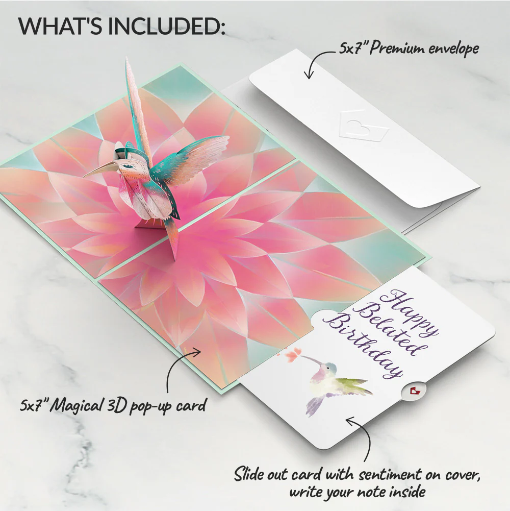 Lovely Hummingbird Belated Birthday Pop-Up Card and Sentiment Set - Image 2
