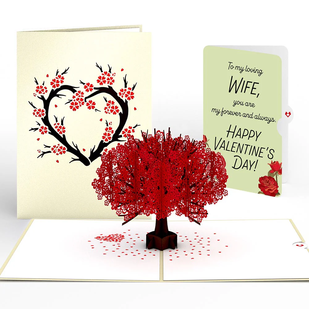 Red Sakura Tree Valentine Pop-Up Card and Sentiment Set for Wife