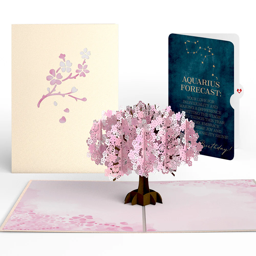 Cherry Blossom Birthday Pop-Up Card and Aquarius Zodiac Sentiment Set