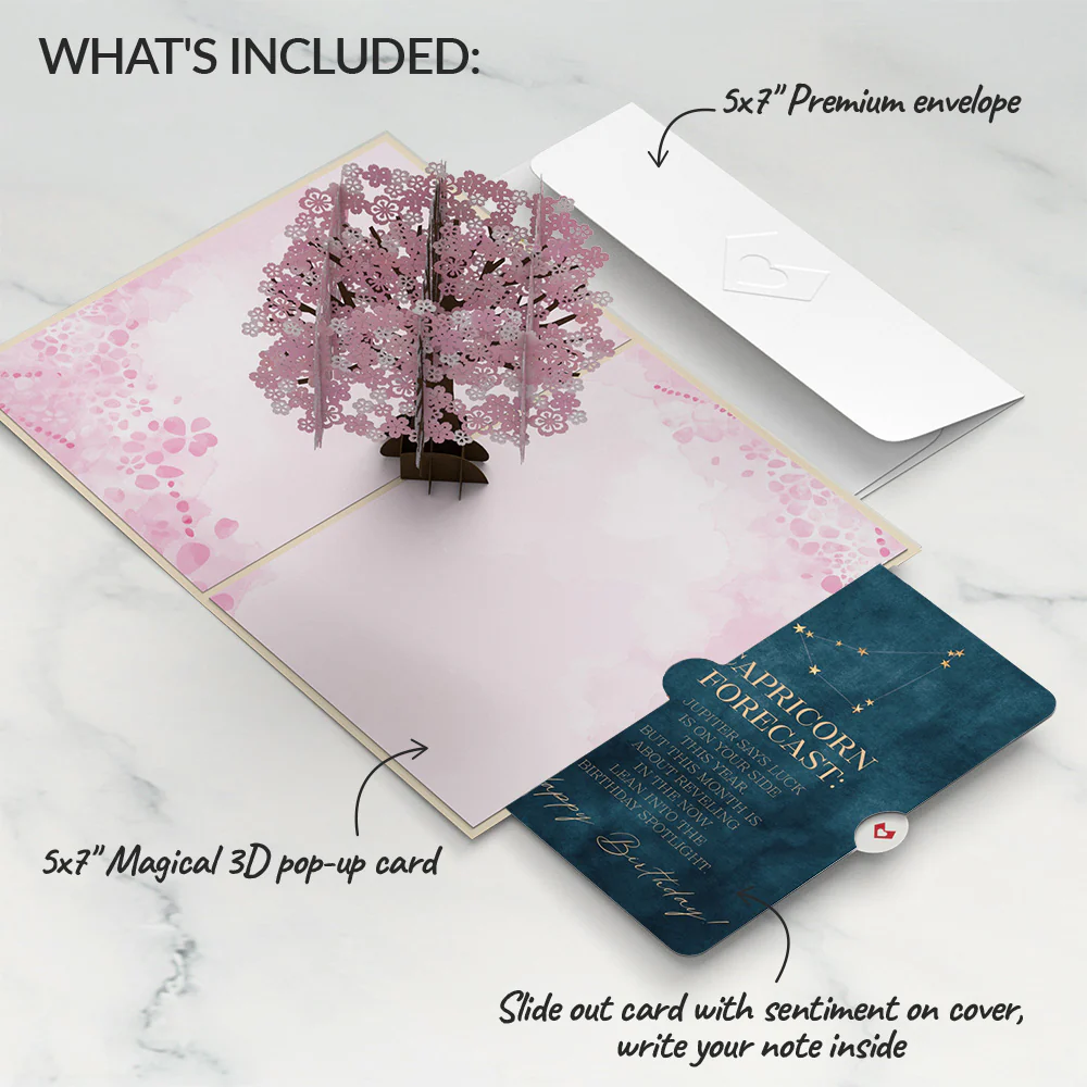 Cherry Blossom Birthday Pop-Up Card and Capricorn Zodiac Sentiment Set - Image 2