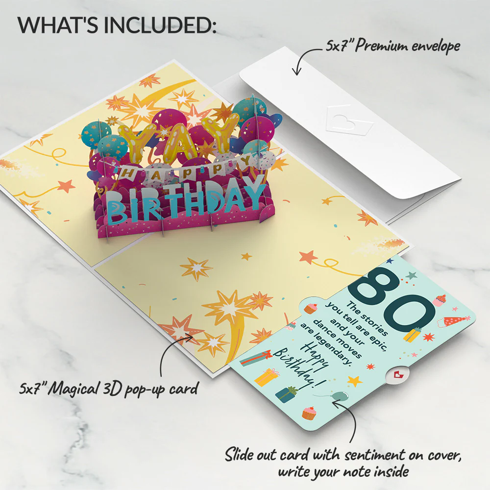 80th Birthday Celebration Pop-Up Card and Sentiment Set - Image 2