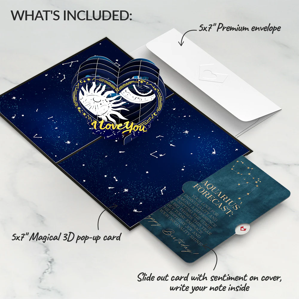 Celestial Love Pop-Up Card and Aquarius Zodiac Sentiment Set - Image 2