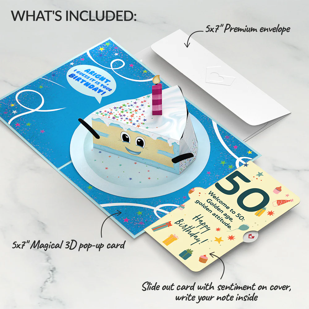 Whimsical 50th Birthday Cake Slice Pop-Up Card and Sentiment Set - Image 2