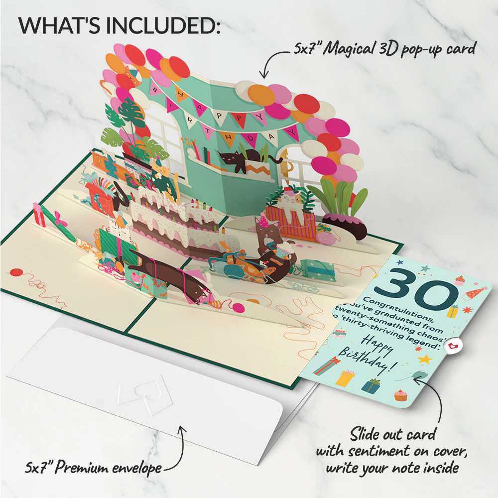 Party Cats 30th Birthday Pop-Up Card and Sentiment Set - Image 2