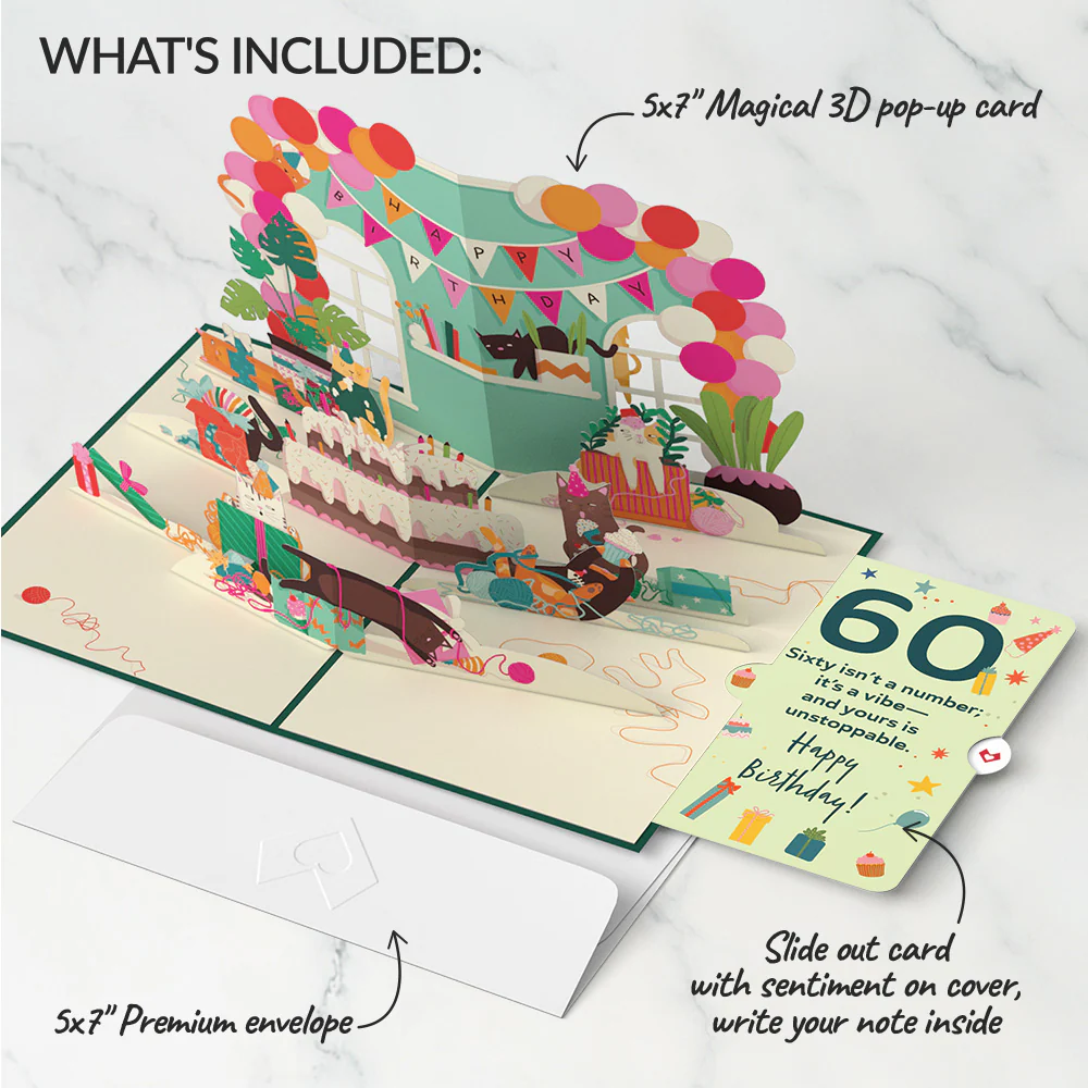 Party Cats 60th Birthday Pop-Up Card and Sentiment Set - Image 2