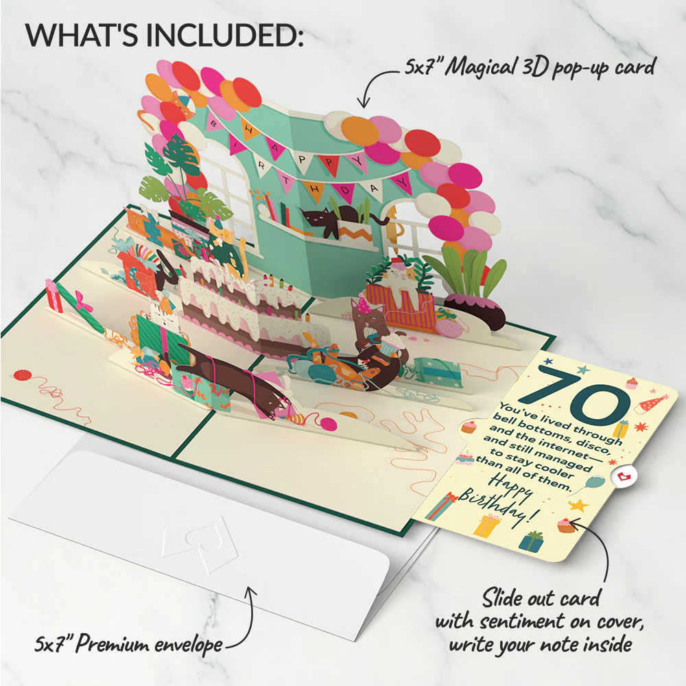 Party Cats 70th Birthday Pop-Up Card and Sentiment Set - Image 2