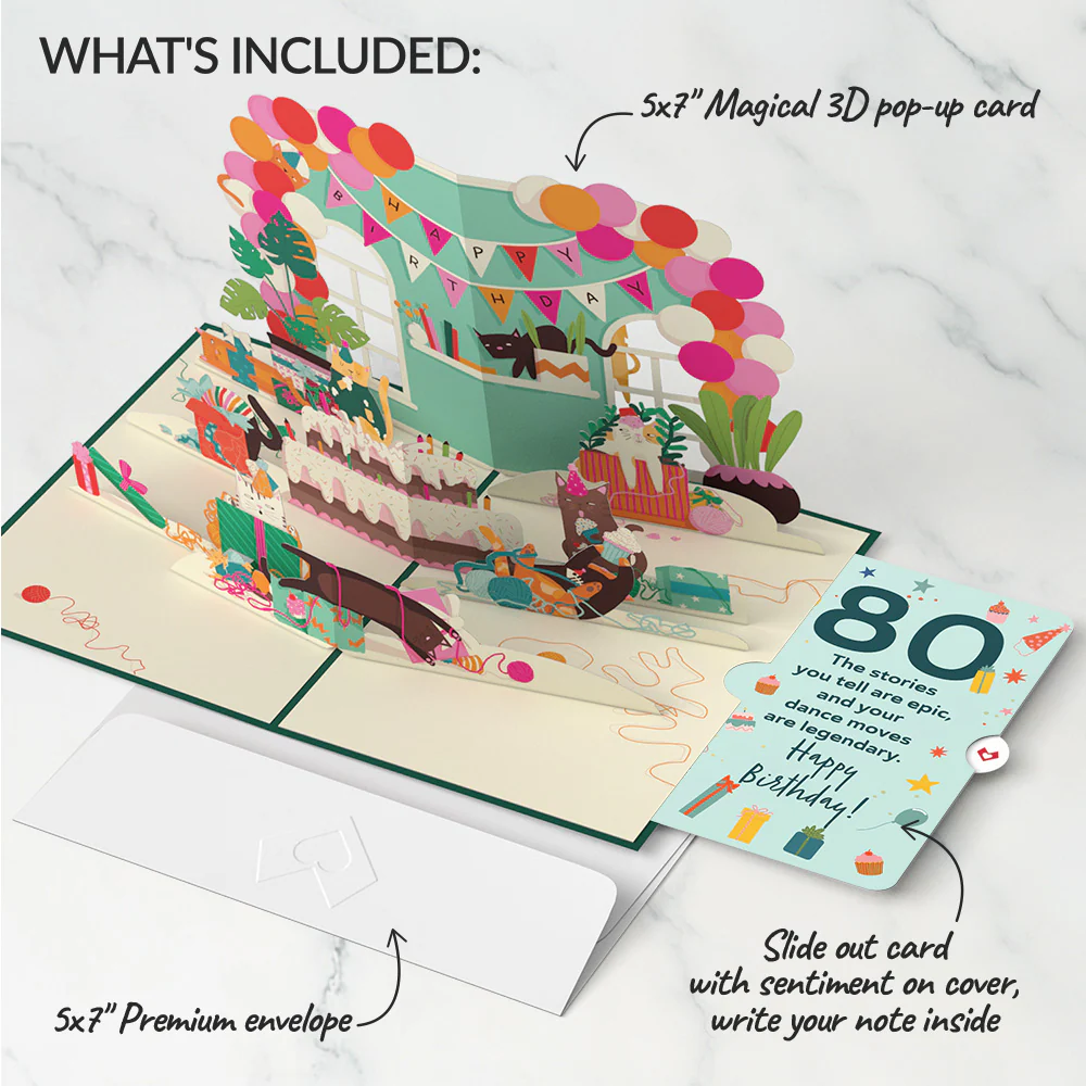 Party Cats 80th Birthday Pop-Up Card and Sentiment Set - Image 2