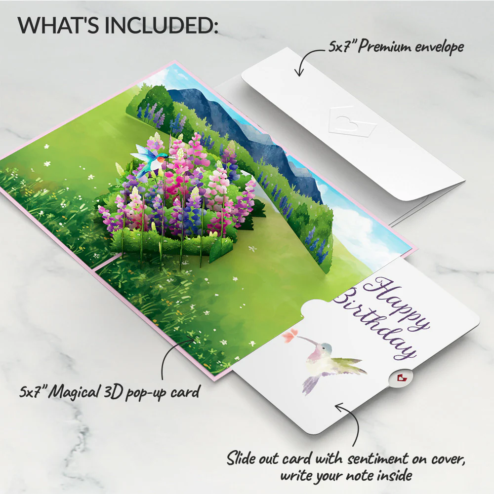 Lupine Hummingbird Birthday Pop-Up Card and Hummingbird Kisses Sentiment Set - Image 2