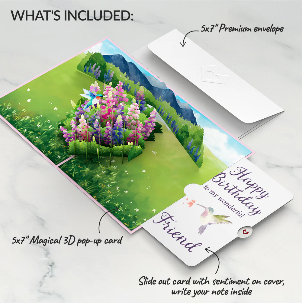 Lupine Hummingbird Birthday Pop-Up Card and Sentiment Set for Friend - Image 2