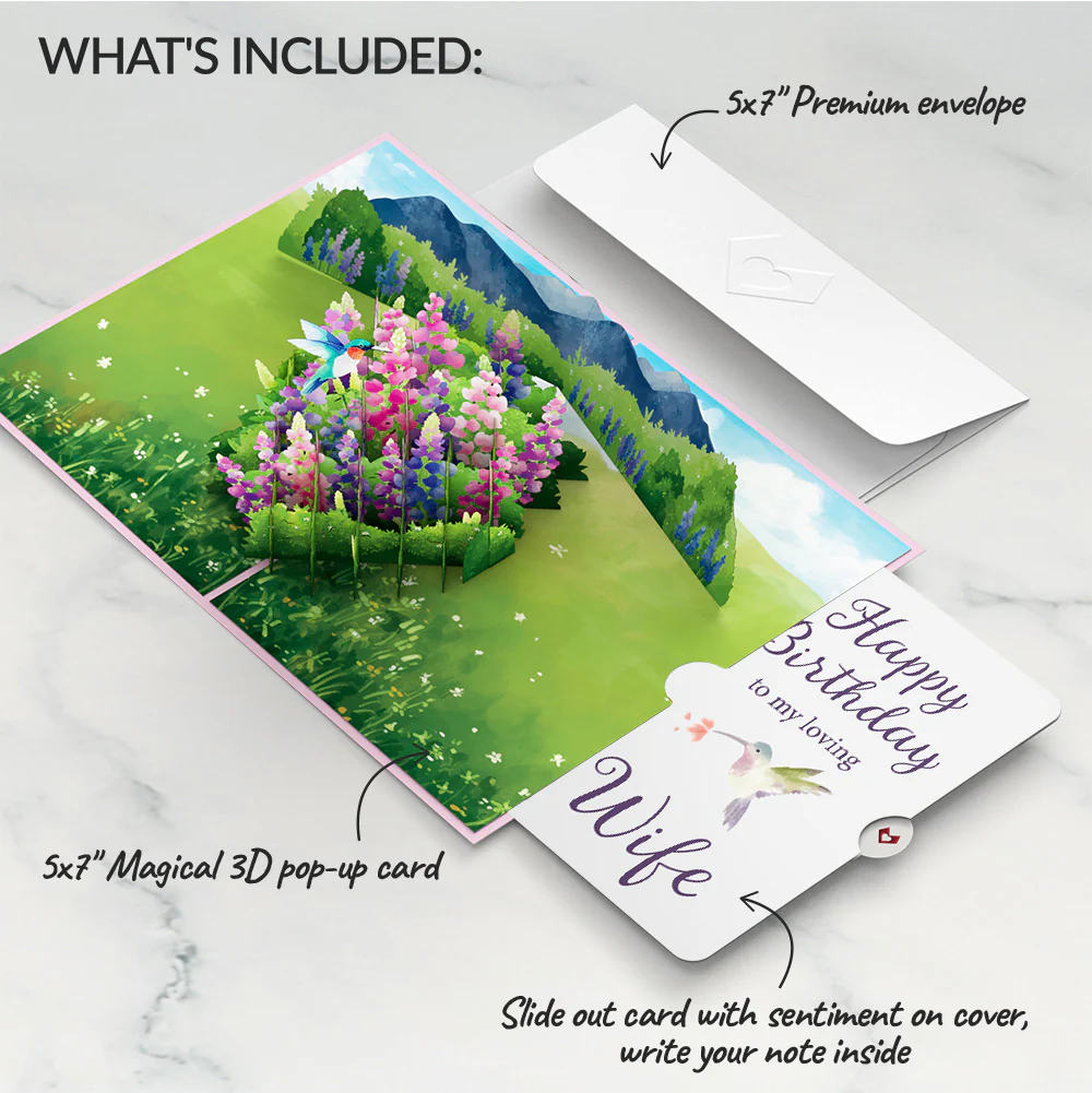 Lupine Hummingbird Birthday Pop-Up Card and Sentiment Set for Wife - Image 2