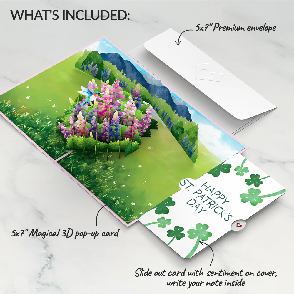 Lupine Hummingbird St. Patrick’s Day Pop-Up Card and Sentiment Set - Image 2