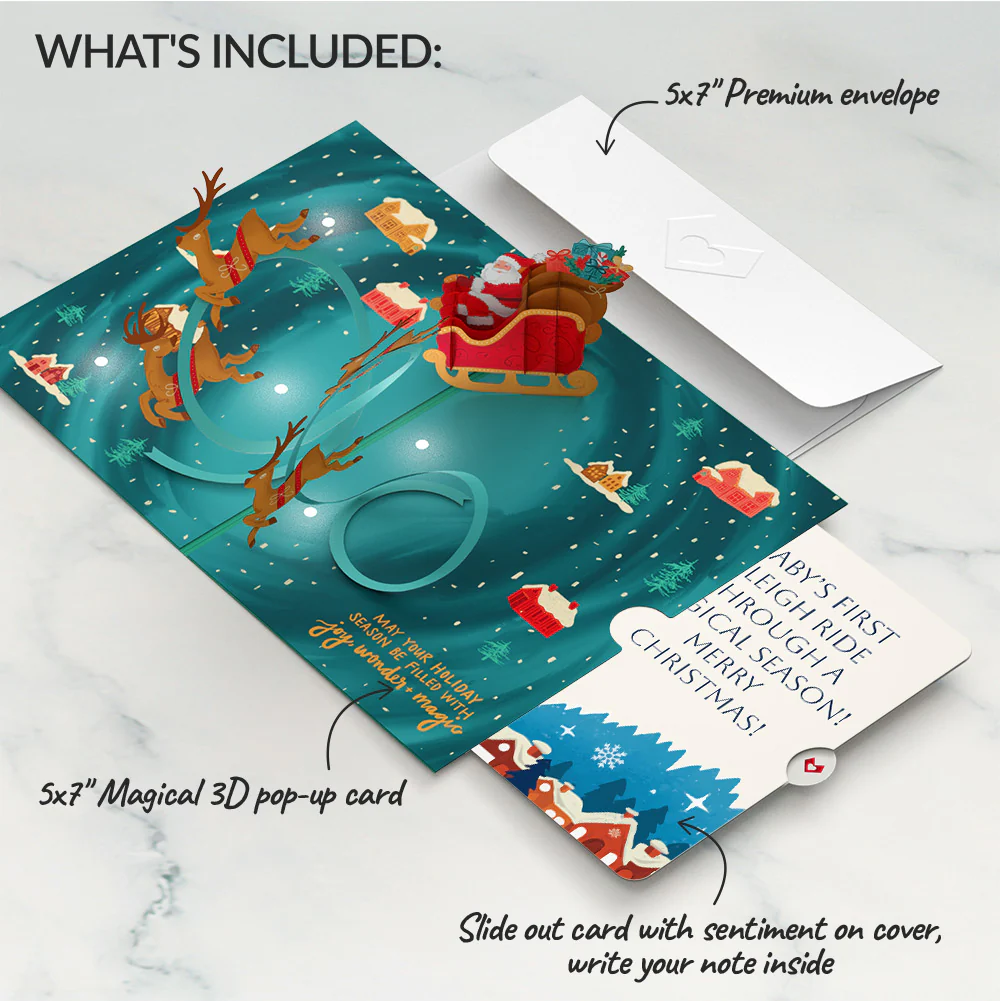 Magic of Christmas Santa's Sleigh Light-Up Pop-Up Card and Snow Village Sentiment Set for Baby - Image 2