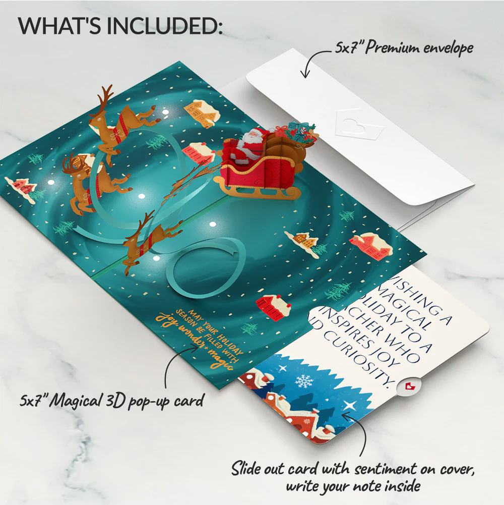 Magic of Christmas Santa's Sleigh Light-Up Pop-Up Card and Snow Village Sentiment Set for Teacher - Image 2