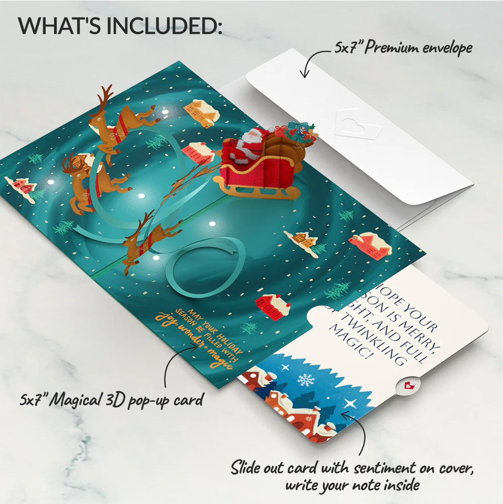 Magic of Christmas Santa's Sleigh Light-Up Pop-Up Card and Snow Village Twinkling Magic Sentiment Set - Image 2