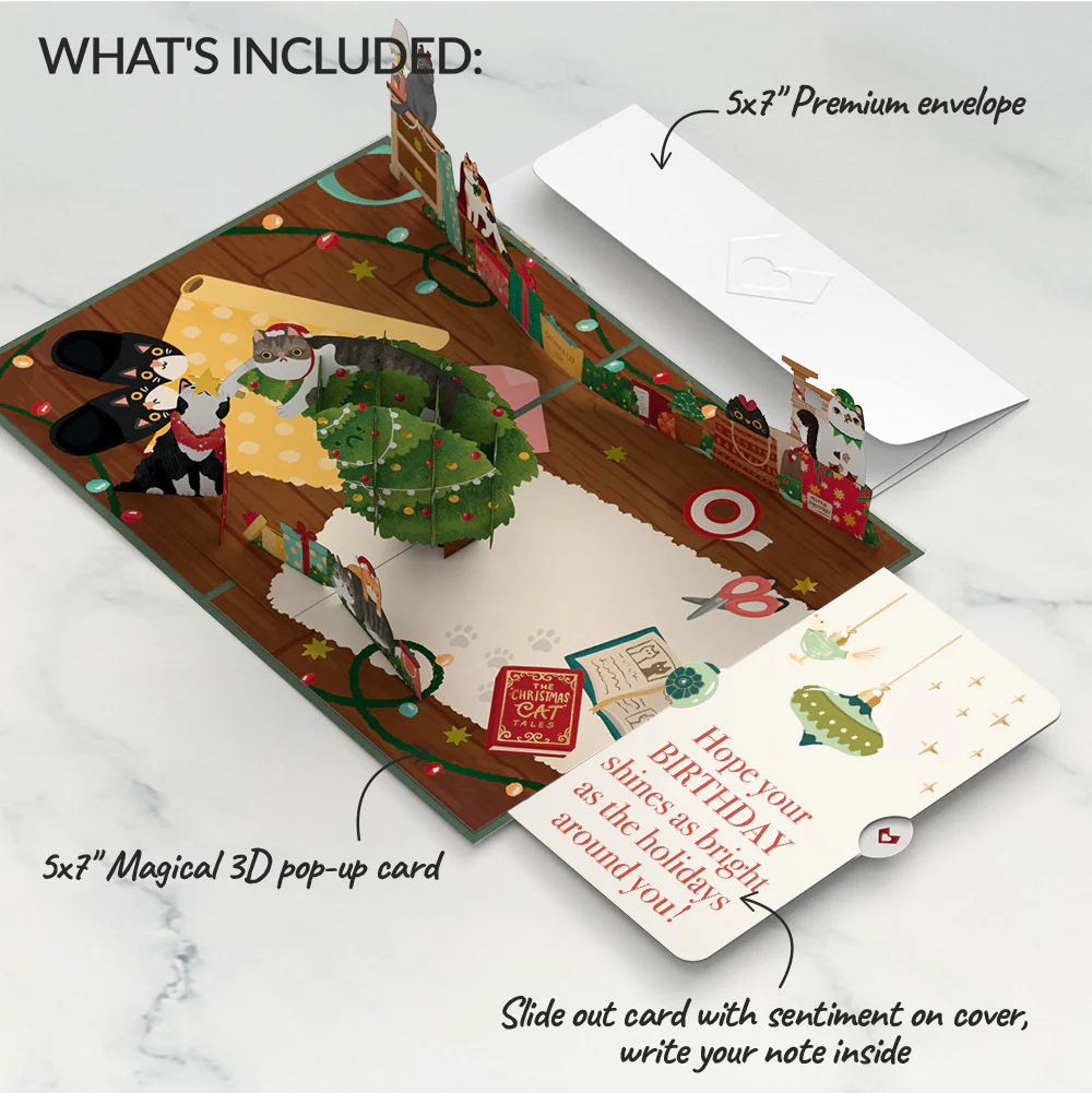 Meowy Little Christmas Cats Pop-Up Card and Twinkling Ornaments Birthday Sentiment Set - Image 2