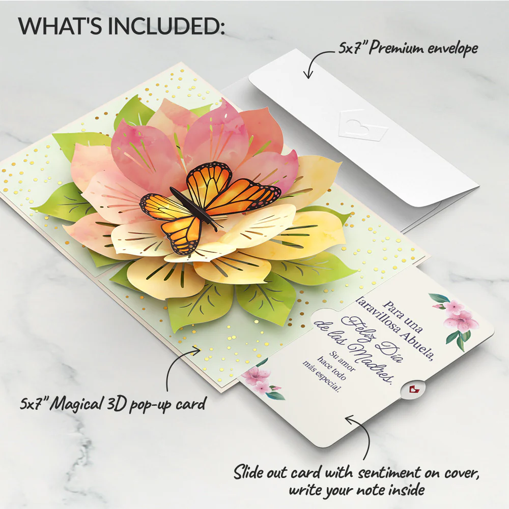 Monarch Butterfly Bloom Mother's Day Pop-Up Card and Sentiment Set for Spanish Grandmother - Image 2