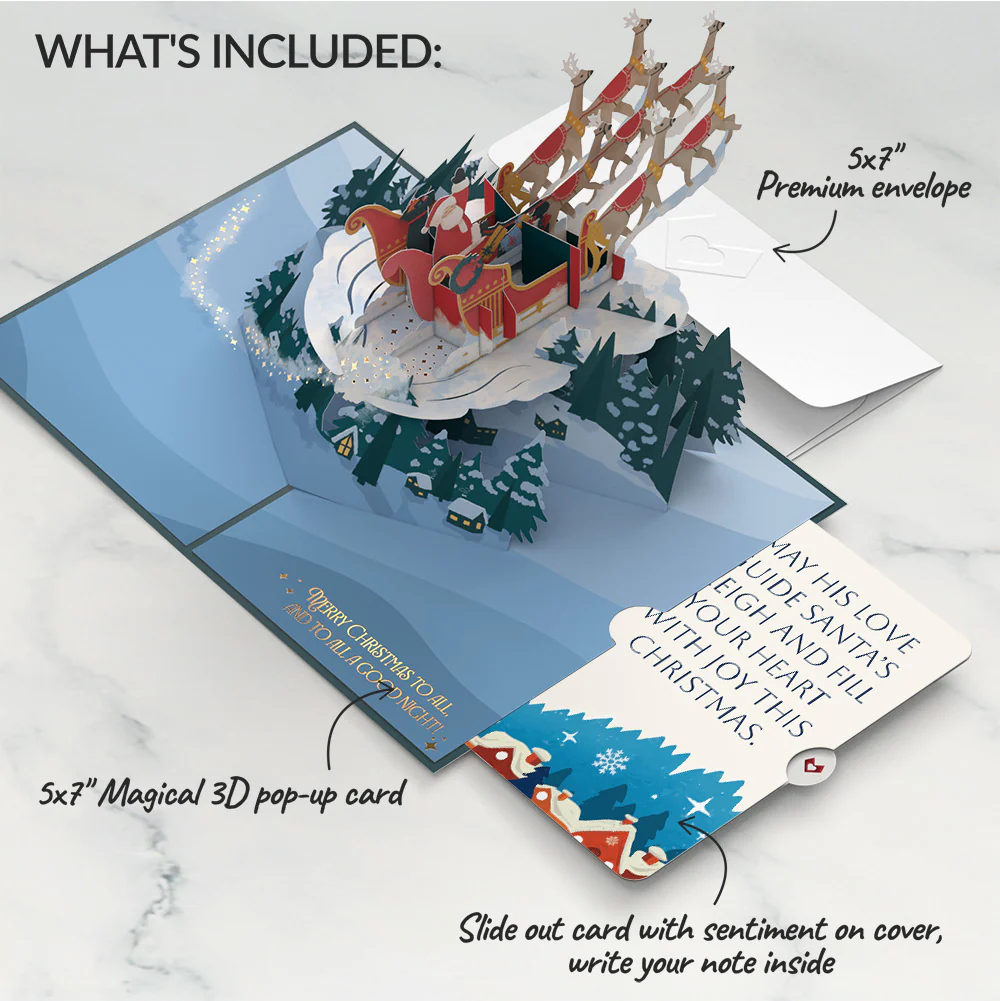 Night Sky Santa Sleigh Christmas Pop-Up Card and Snow Village Guiding Love Sentiment Set - Image 2