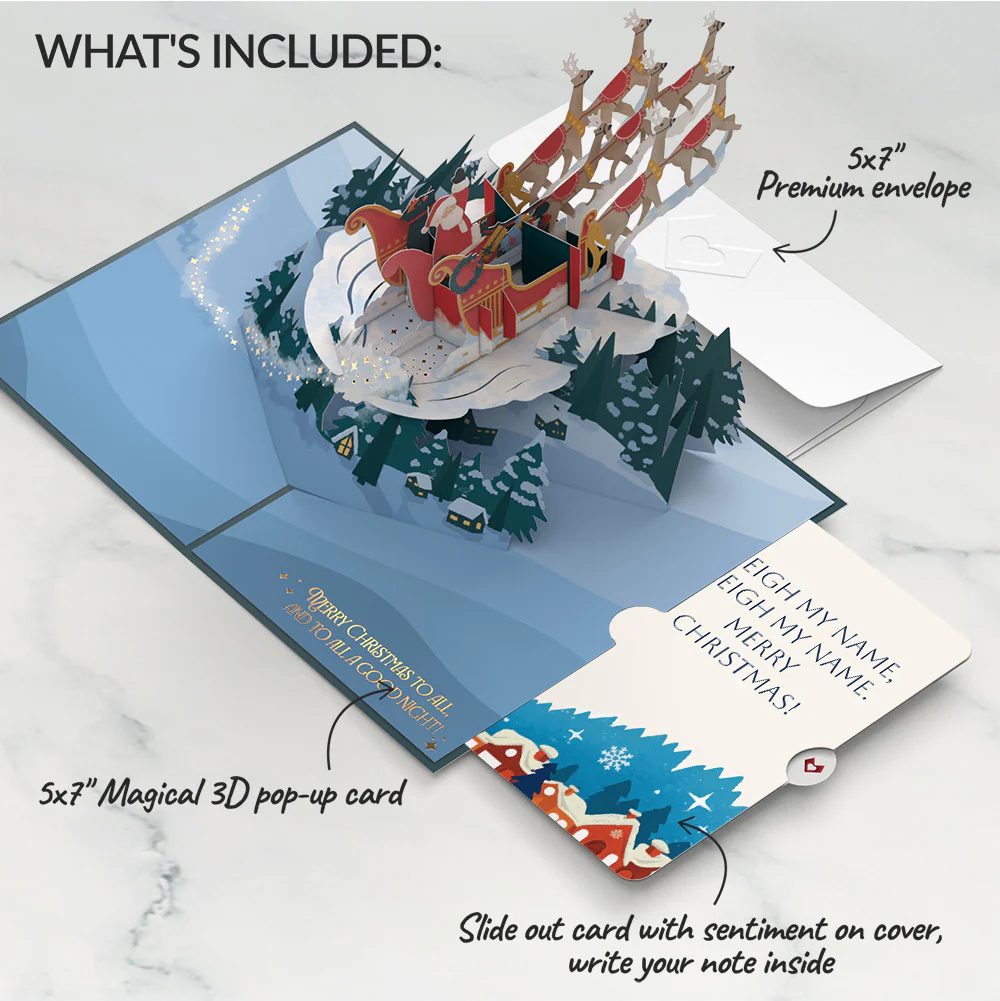 Night Sky Santa Sleigh Christmas Pop-Up Card and Snow Village Sentiment Set - Image 2