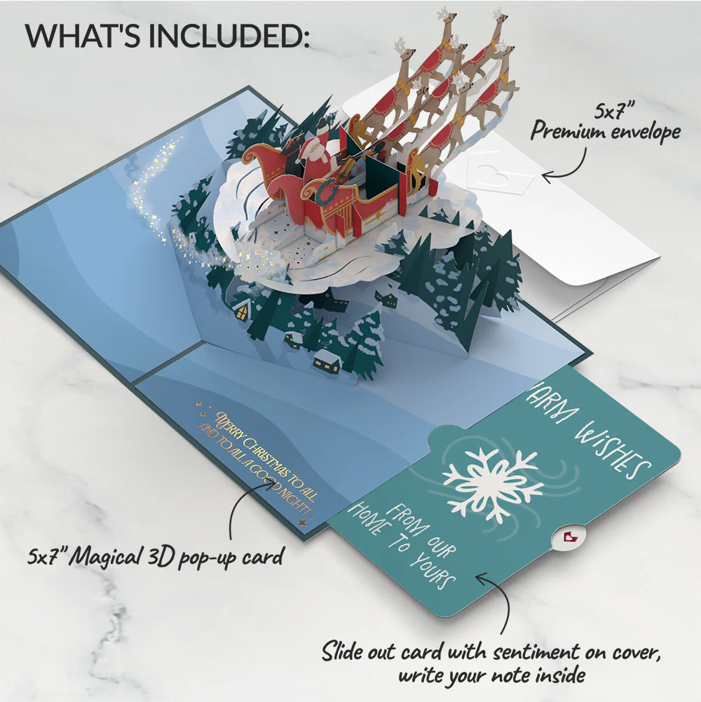 Night Sky Santa Sleigh Pop-Up Card and Snowflake Holiday Sentiment Set - Image 2
