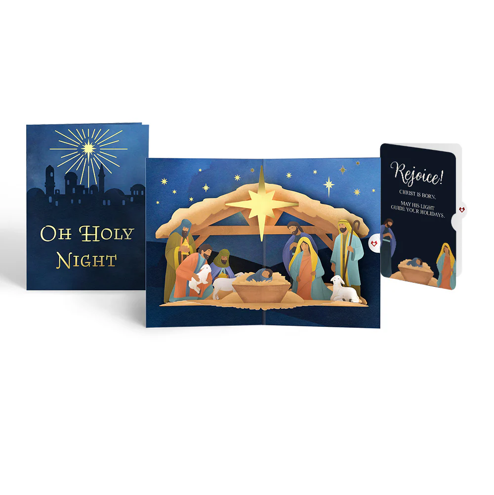 Oh Holy Night Nativity Christmas Light-Up Pop-Up Card and Rejoice Sentiment Set