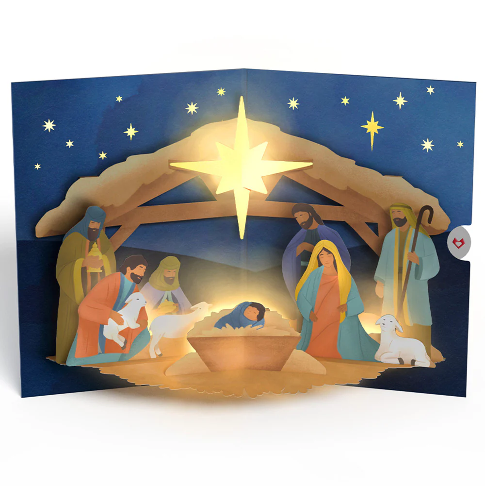 Oh Holy Night Nativity Christmas Light-Up Pop-Up Card and Rejoice Sentiment Set - Image 3