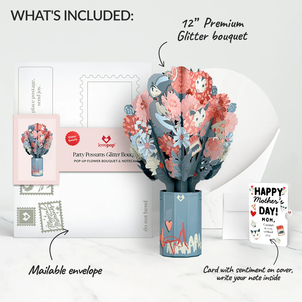 Party Possums Mother’s Day Glitter Bouquet and Sentiment Set for Mom - Image 2