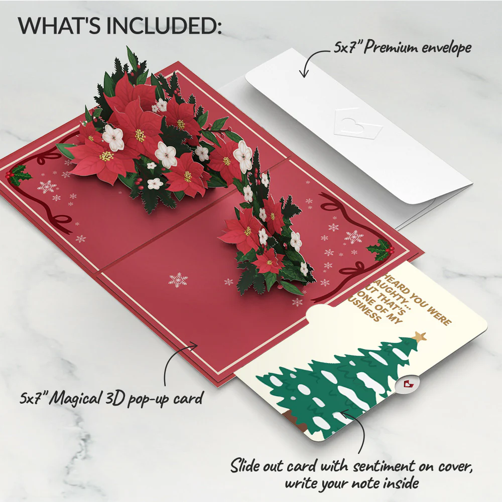 Poinsettia & Pine Christmas Pop-Up Card and Funny Tree Sentiment Set - Image 2