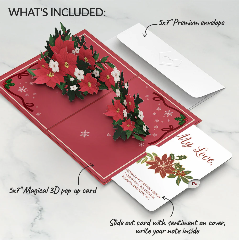 Poinsettia & Pine Love Pop-Up Card and Sentiment Set for Partner - Image 2