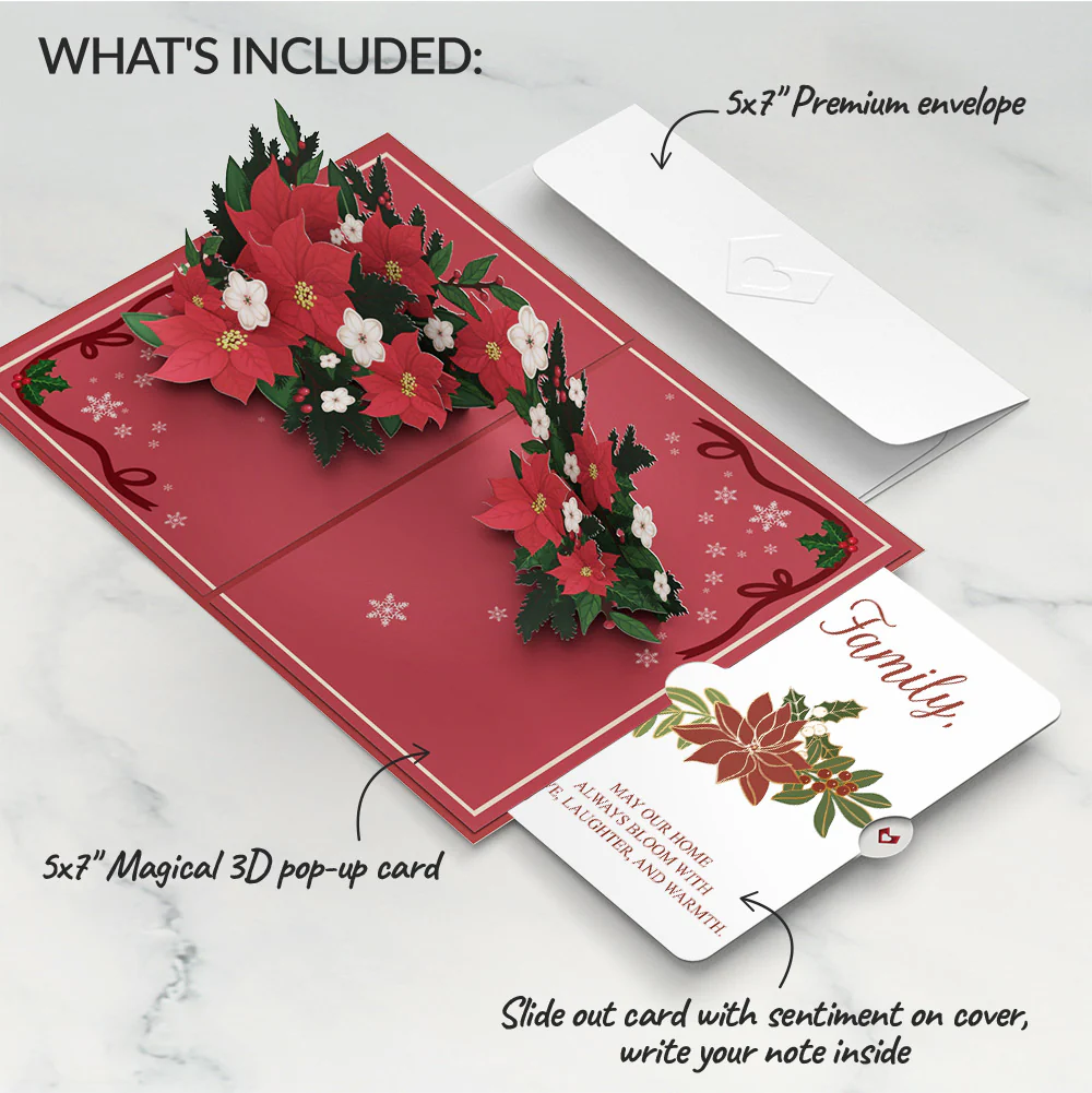Poinsettia & Pine Christmas Pop-Up Card and Blooming Love Sentiment Set for Family - Image 2